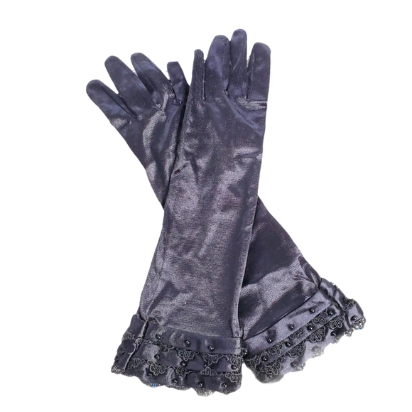 Vintage Accessories - Vintage long black silky gloves with beading